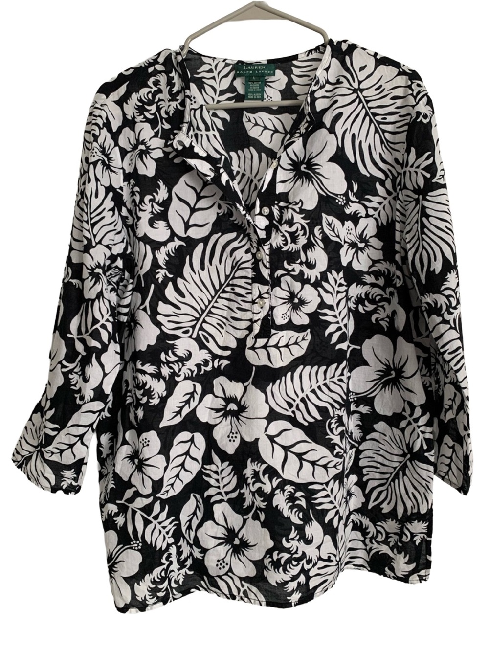 LAUREN RALPH LAUREN Black White Floral Print Lightweight Cotton 3/4 Sleeve Top